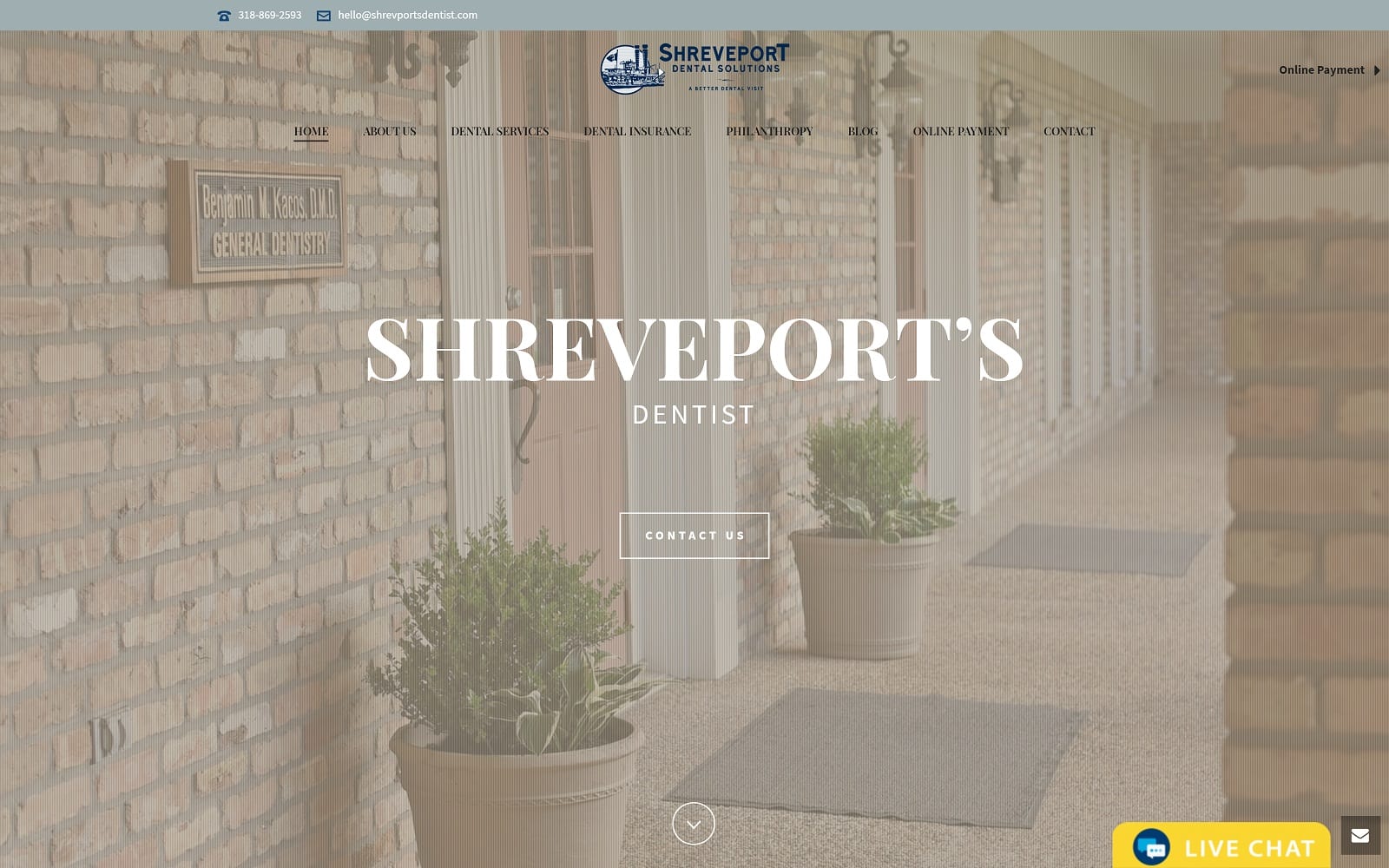 The Screenshot of Shreveport Dentist, Benjamin M. Kacos DMD, FICOI shreveportsdentist.com Website