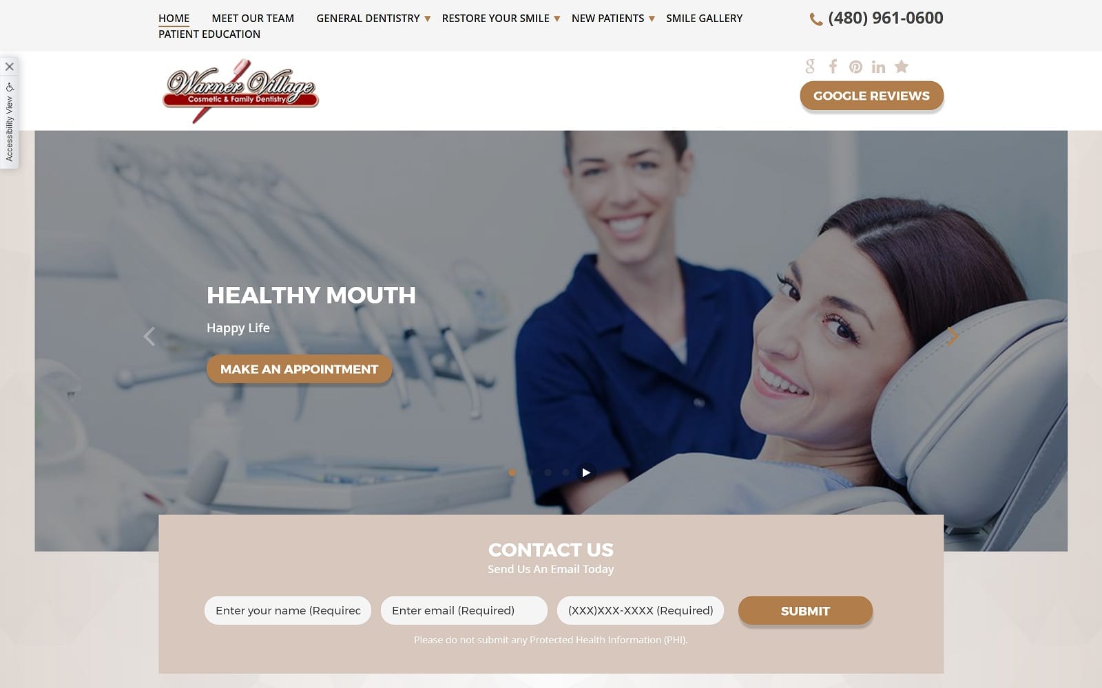 The Screenshot of Warner Village Cosmetic & Family Dentistry tempearizona.dentist Dr. Rima Peters Website
