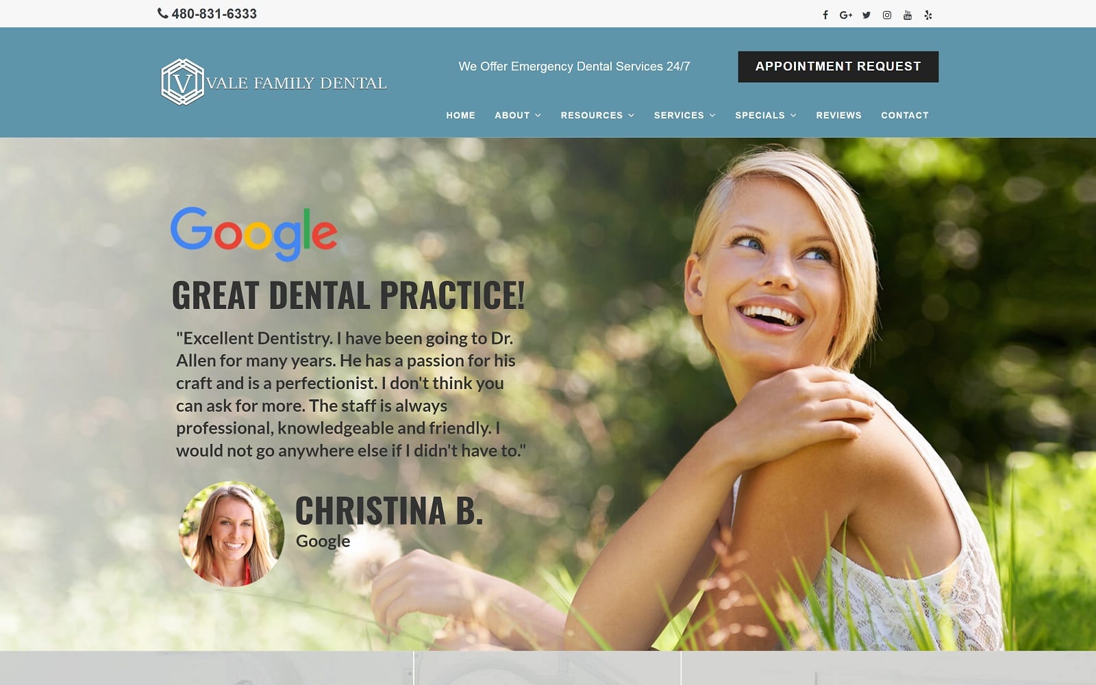 The Screenshot of Vale Family Dental valefamilydental.com Dr. Larry Allen Website