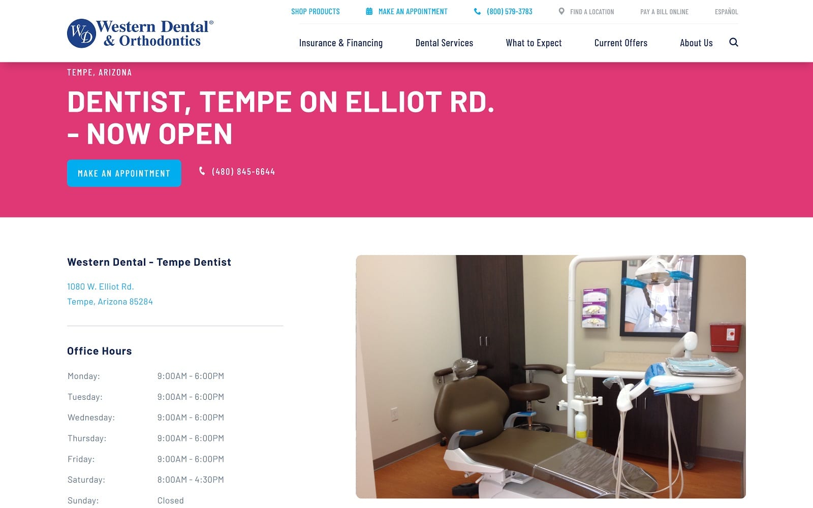 The Screenshot of Western Dental & Orthodontics westerndental.com/en-us/find-a-location/arizona/tempe/1080-w-elliot-rd Website
