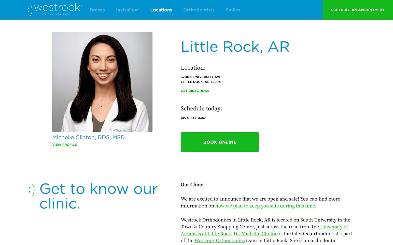 The Screenshot of Westrock Orthodontics westrockortho.com/location/little-rock-ar-s-university Dr. Michelle Clinton Website
