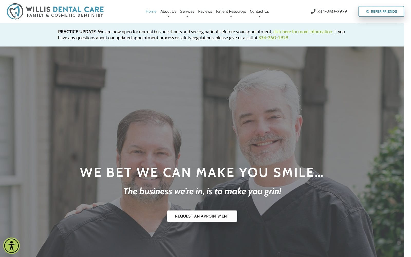 The Screenshot of Willis Dental Care willisdentalcare.com Dr. Bradley Willis Website