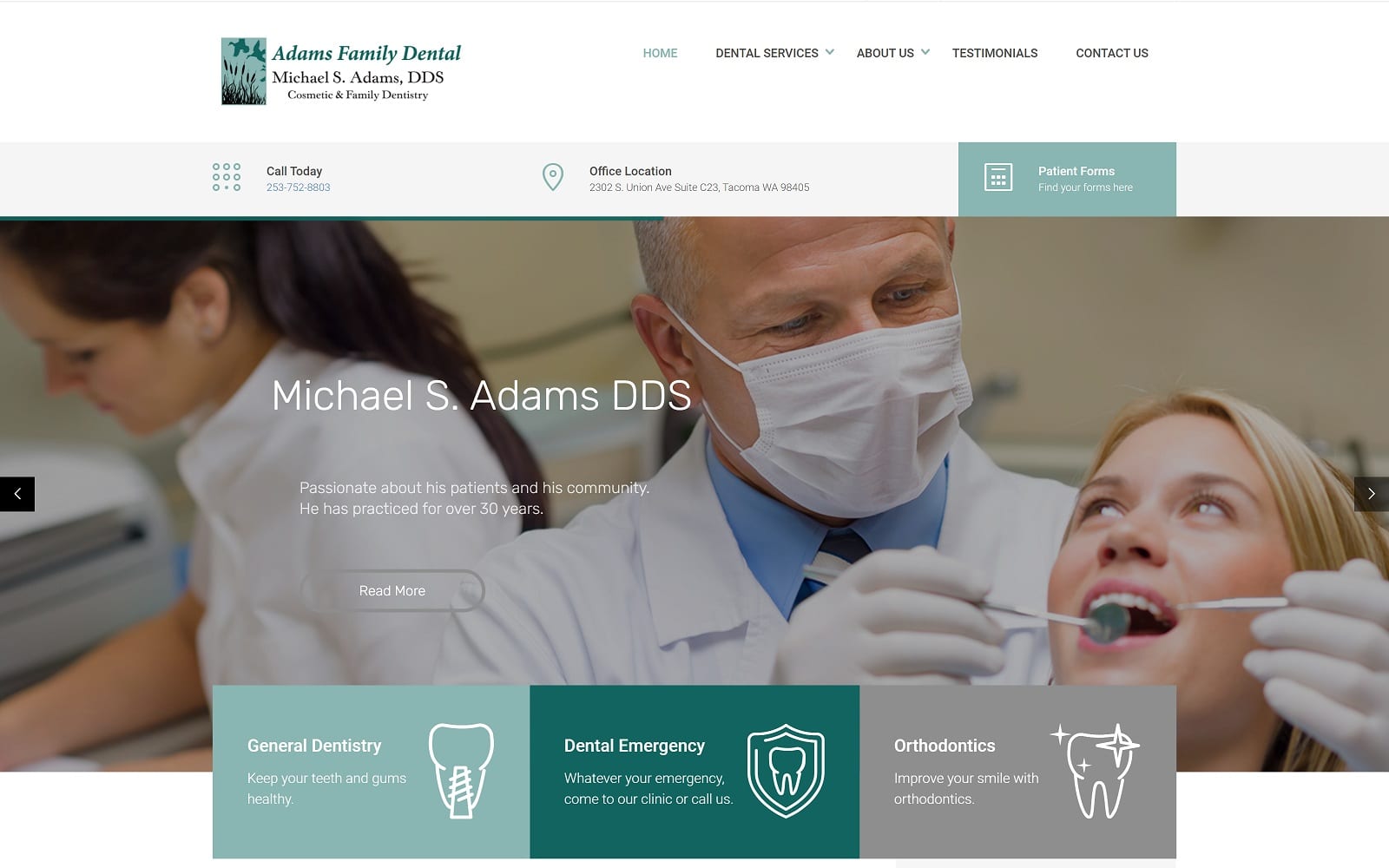 The Screenshot of Adams Family Dental adamsfamilydentaltacoma.com Dr. Michael S. Adams Website