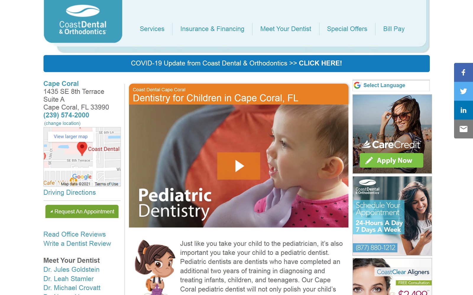 The Screenshot of Coast Dental coastdental.com/dentist-office/cape-coral-fl-33990 Website
