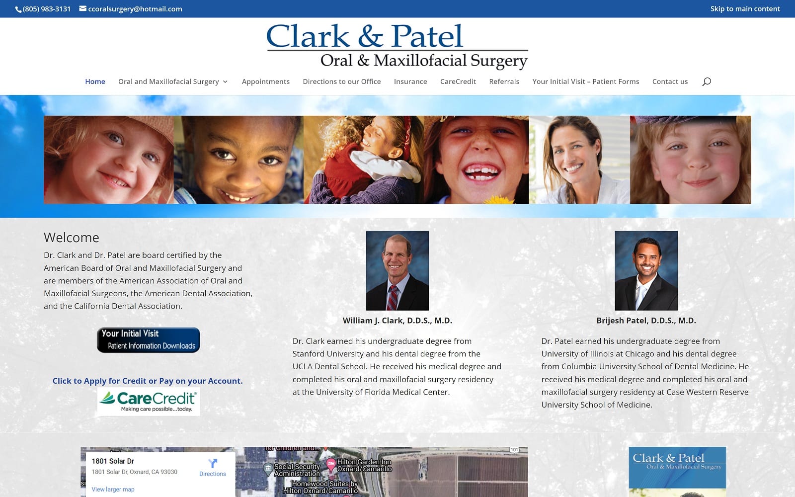 The Screenshot of Clark and Patel Oral and Maxillofacial Surgery coleandclarkoralsurgery.com Dr. Clark and Dr. Patel Website