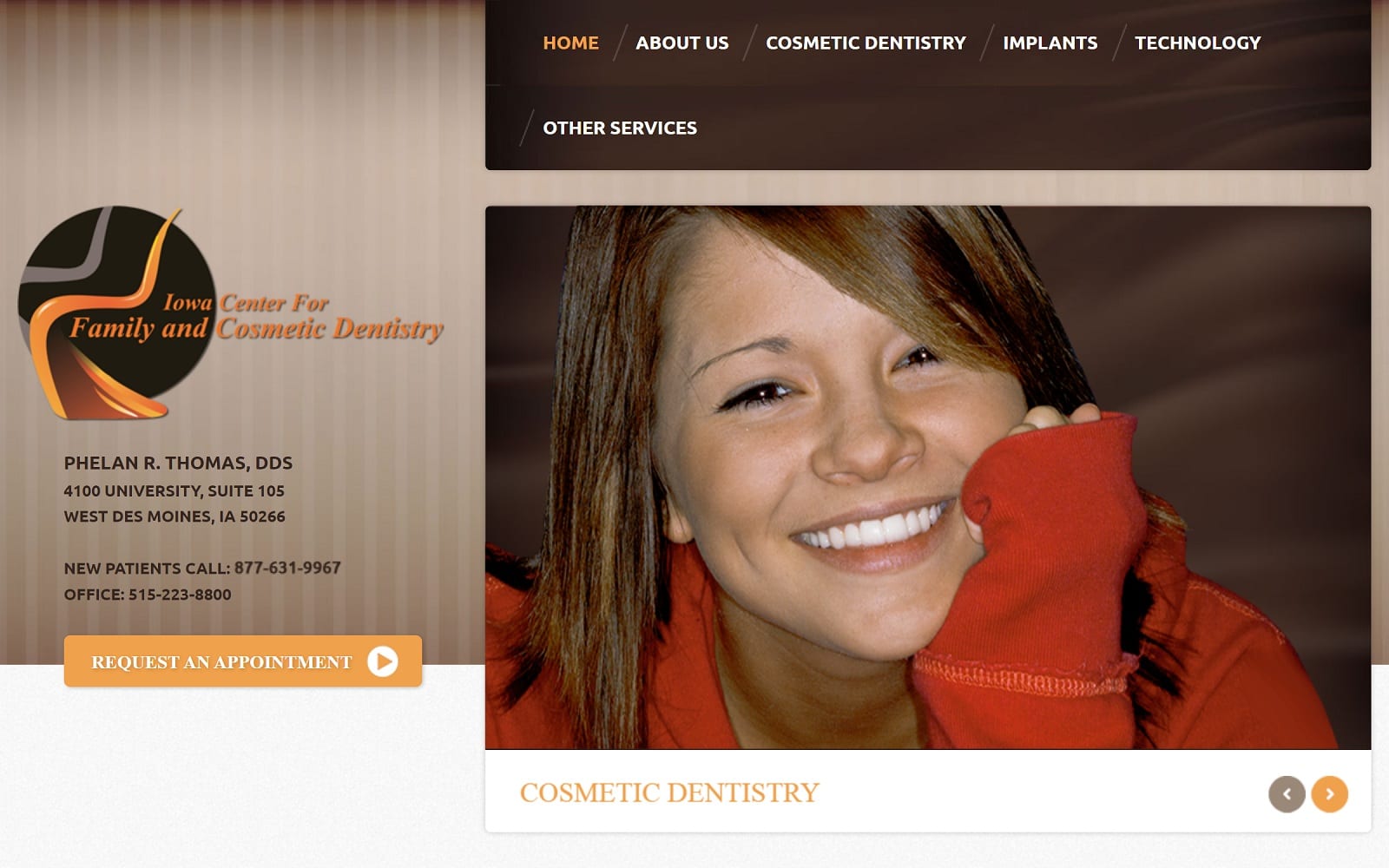 The Screenshot of Iowa Center For Family and Cosmetic Dentistry iowasmiles.com Dr. Phelan R. Thomas Website
