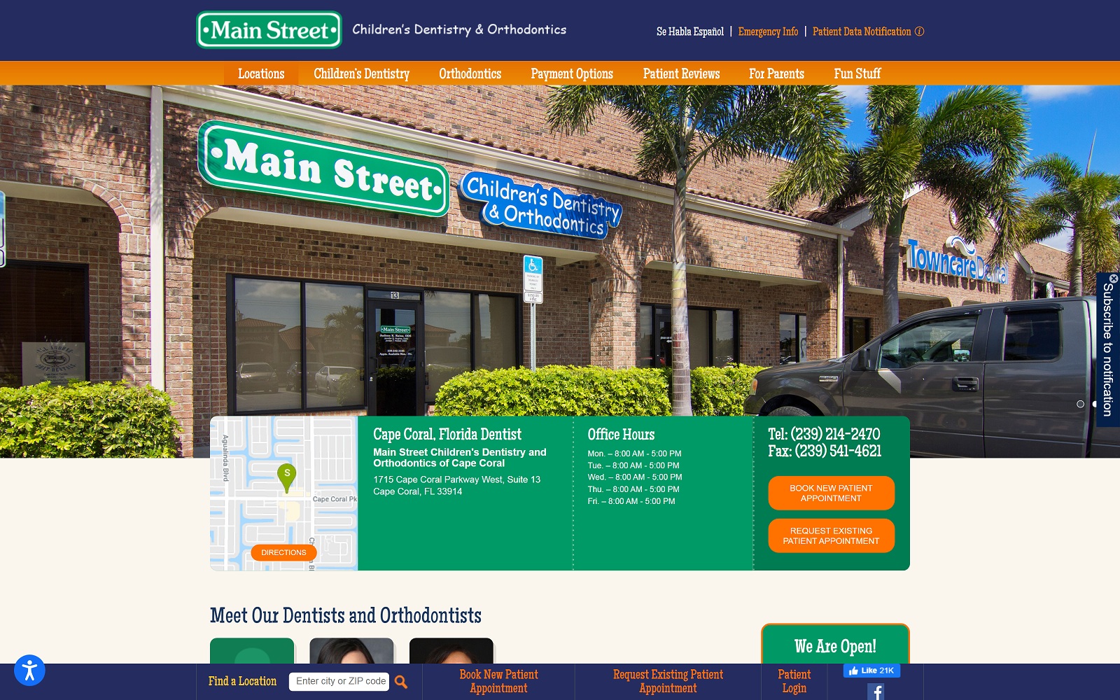 The Screenshot of Main Street Children's Dentistry and Orthodontics of Cape Coral mainstreetsmiles.com/locations/main-street-childrens-dentistry-and-orthodontics-of-cape-coral Website
