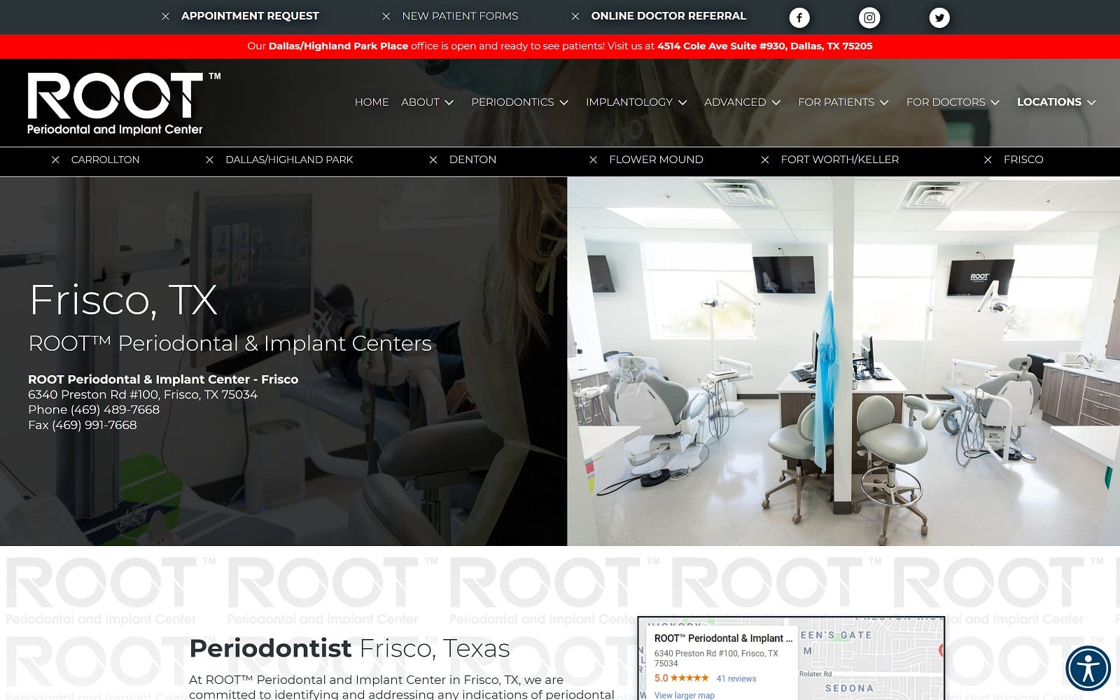 The Screenshot of ROOT™ Periodontal & Implant Center - Frisco rootdfw.com/frisco-tx Website
