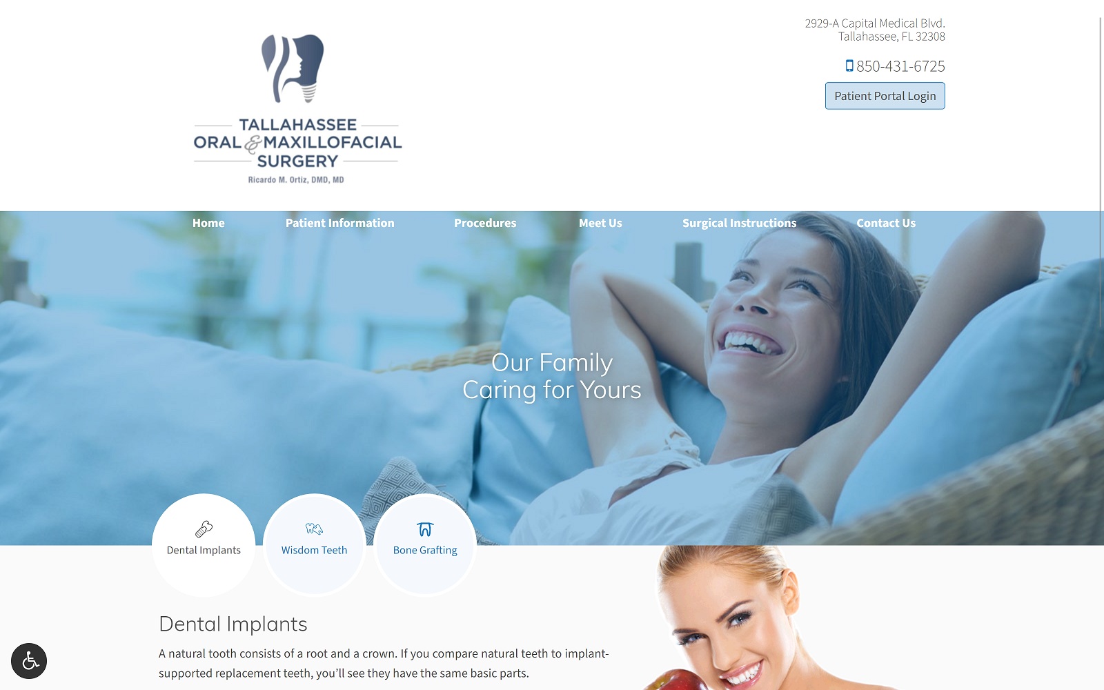 The Screenshot of Tallahassee Oral & Maxillofacial Surgery tallahasseeoms.com Dr. Ricardo M. Ortiz Website