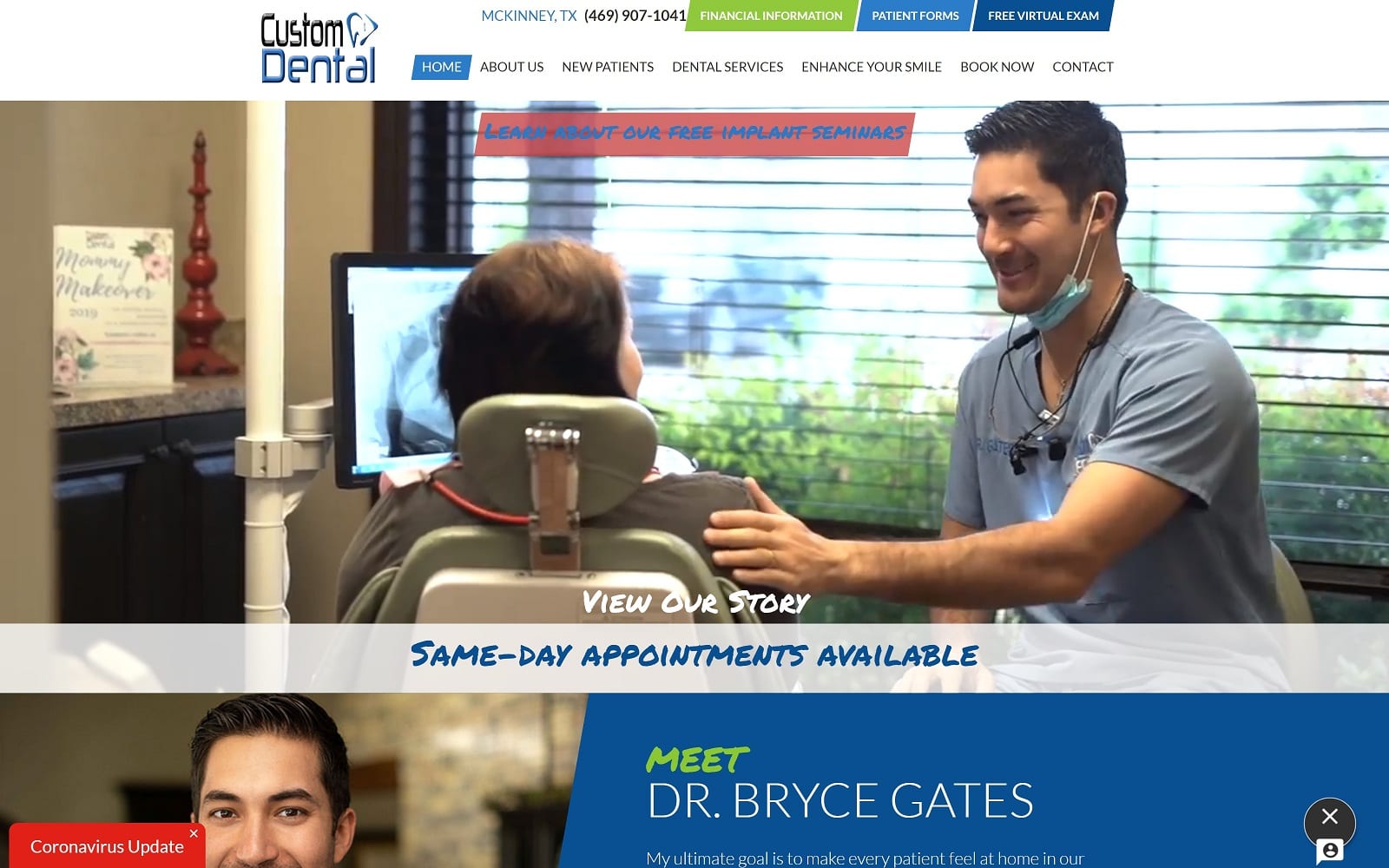 The Screenshot of Custom Dental of McKinney thedentistofmckinney.com Dr. Bryce Gates Website