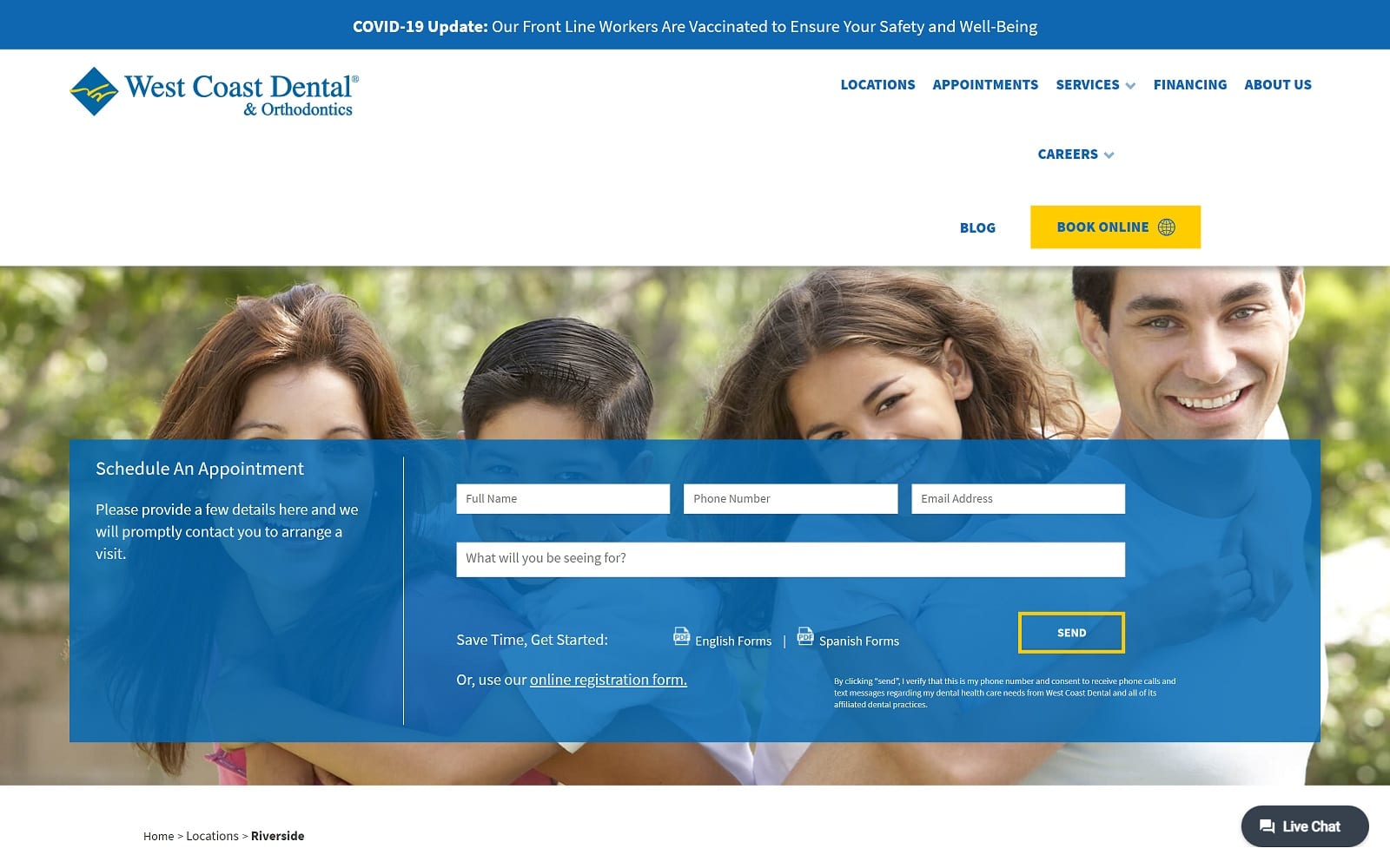 The Screenshot of West Coast Dental of Moreno Valley westcoastdental.com/locations/moreno-valley Website
