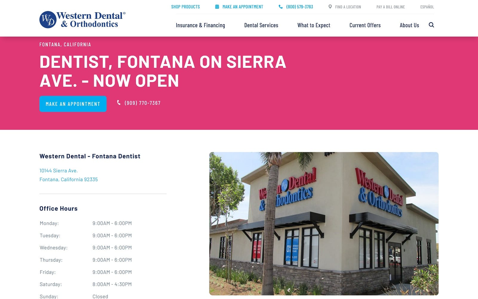 The Screenshot of Western Dental & Orthodontics westerndental.com/en-us/find-a-location/california/fontana/10144-sierra-ave Website