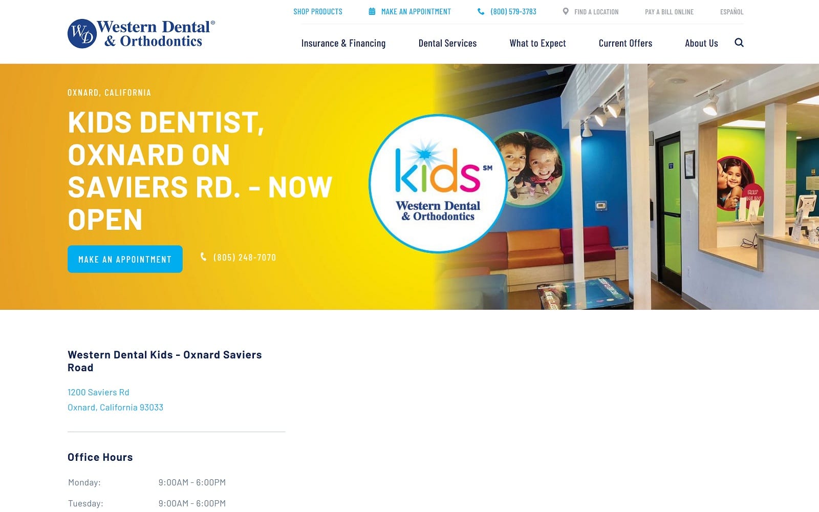 The Screenshot of Western Dental Kids westerndental.com/en-us/find-a-location/california/oxnard/1200-saviers-rd Website
