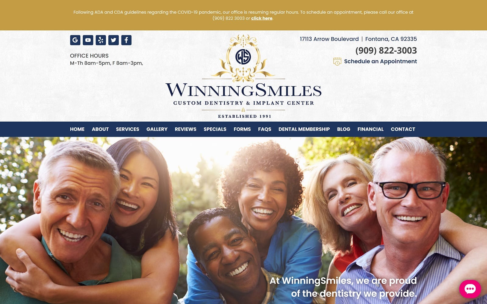 The Screenshot of WinningSmiles Custom Dentistry & Implant Center winningsmiles.net Website