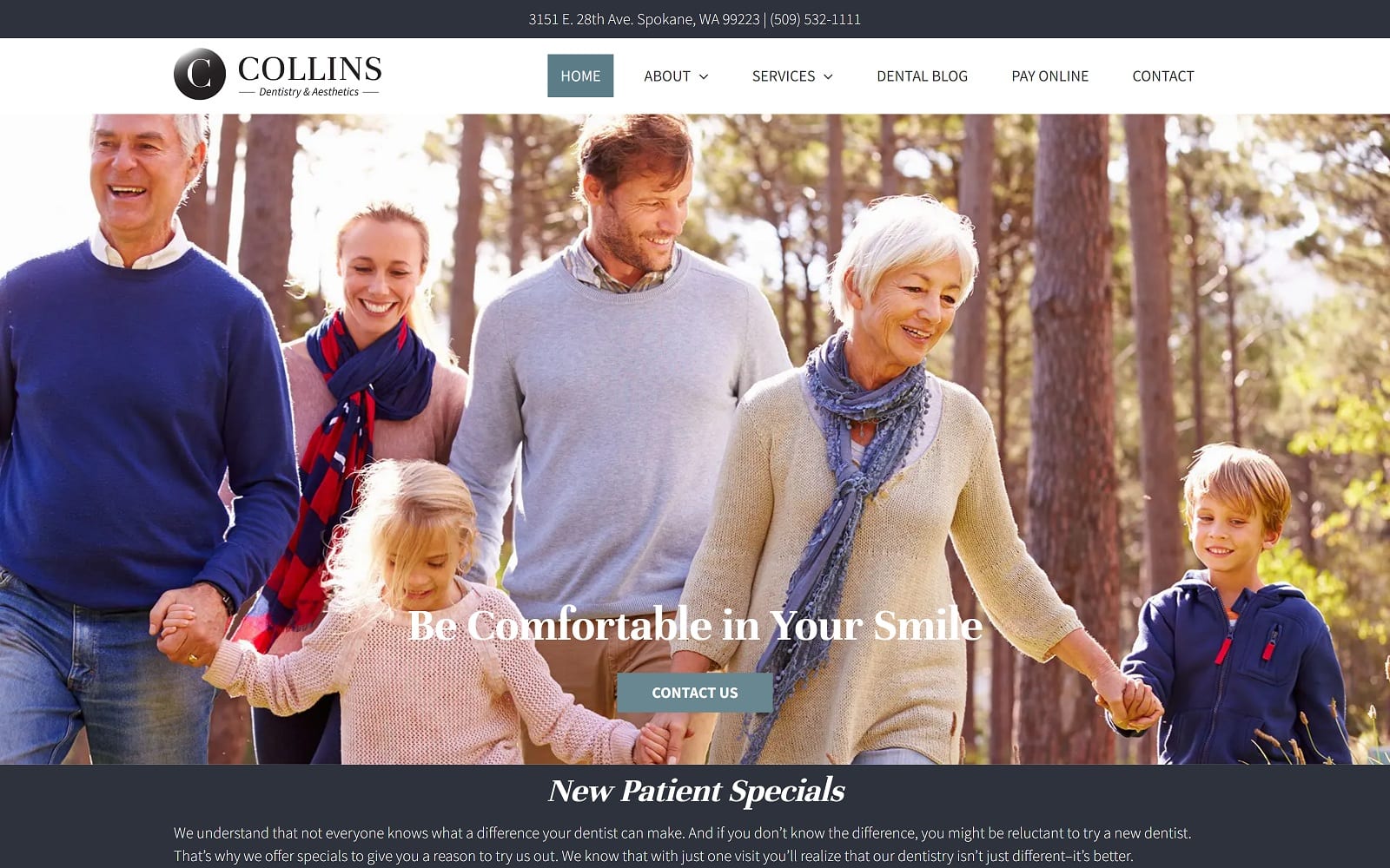 The Screenshot of Collins Dentistry & Aesthetics wemakespokanesmile.com Dr. Ken and Marnie Collins Website