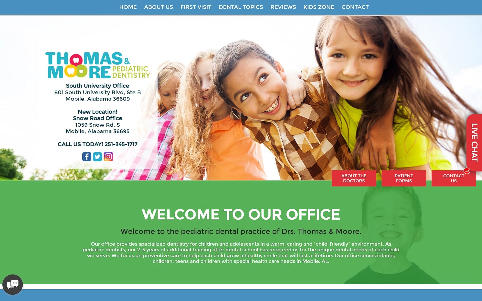 The Screenshot of Thomas and Moore Pediatric Dentistry mobiledentists4kids.com Website