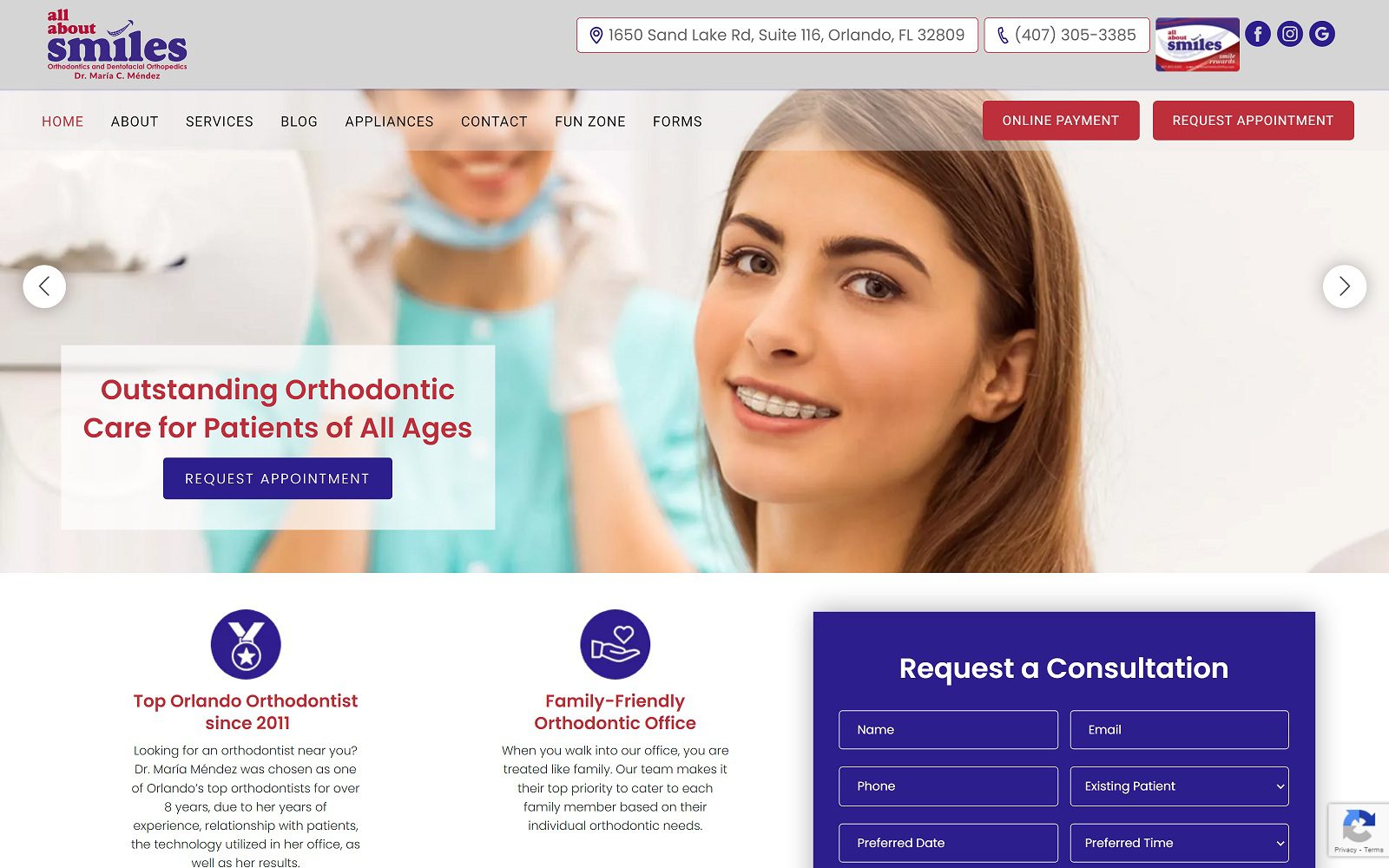 The Screenshot of All About Smiles - Orthodontist in Orlando Dr. María C. Méndez Website