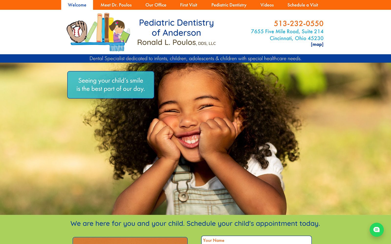 The screenshot of Pediatric Dentistry of Anderson Dr. Ronald Poulos Website