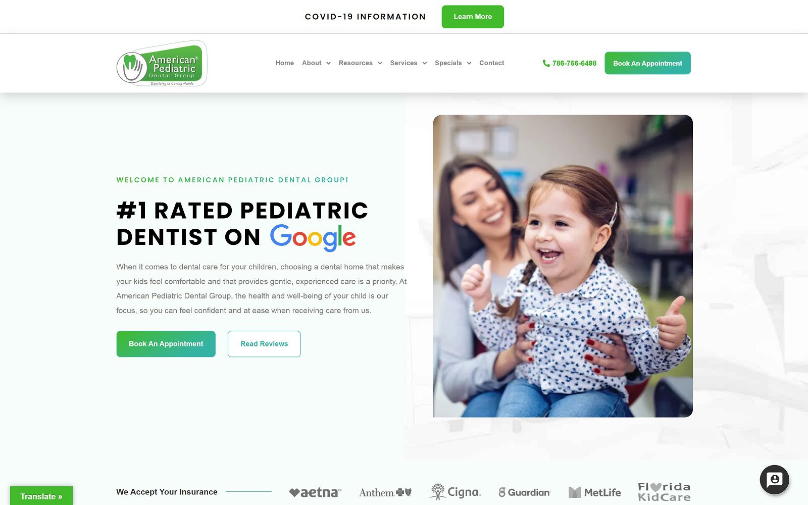 The Screenshot of American Pediatric Dental Group - Kendall Website