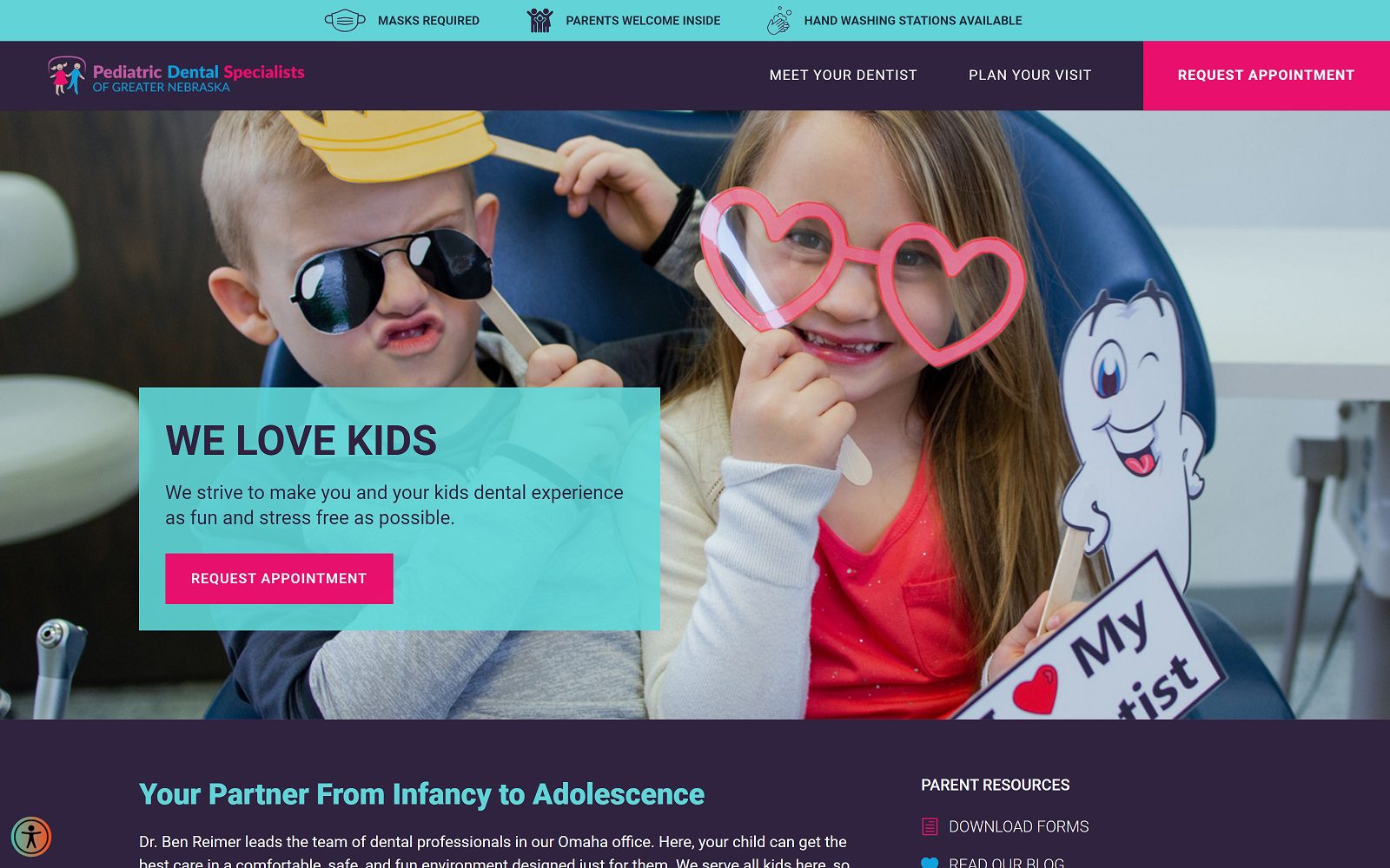 The Screenshot of Pediatric Dental Specialists of Omaha Dr. Ben Reimer Website