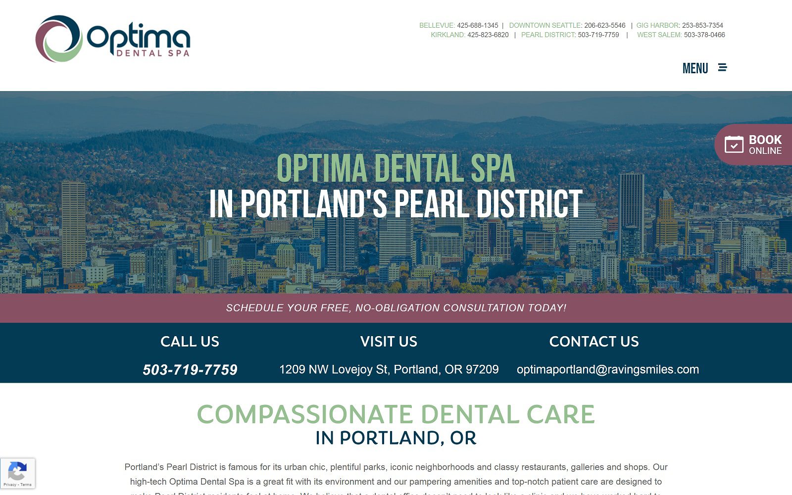 The Screenshot of Optima Dental Spa Portland Website