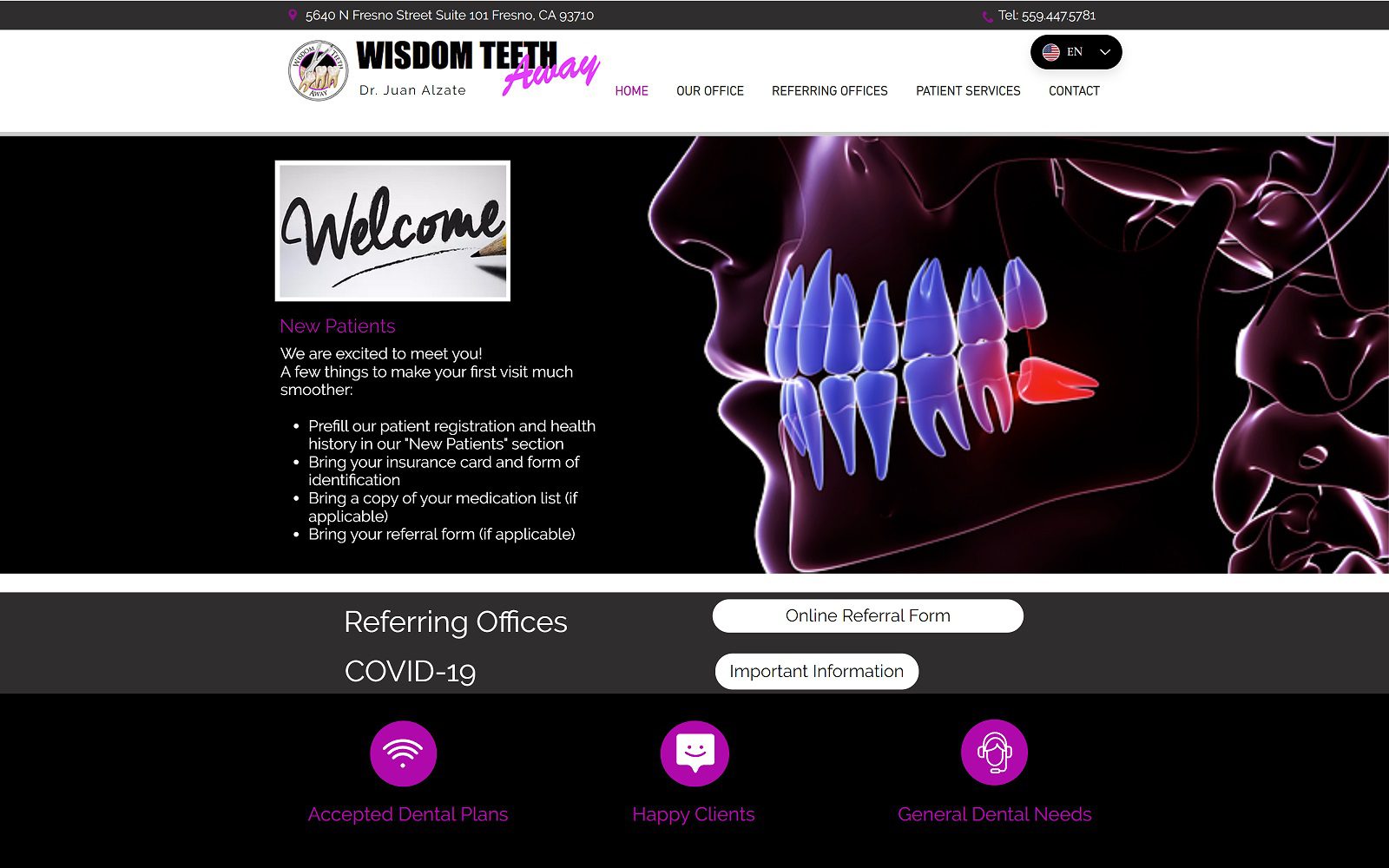 The Screenshot of Wisdom Teeth Away Dr. Juan Alzate Website
