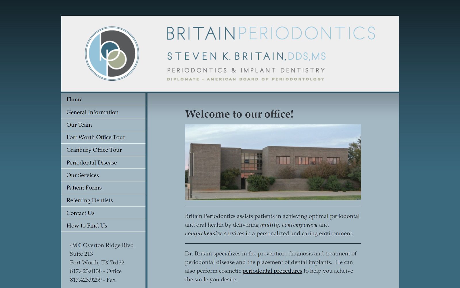 The Screenshot of Britain Periodontics: Steven K. Britain DDS, MS Website