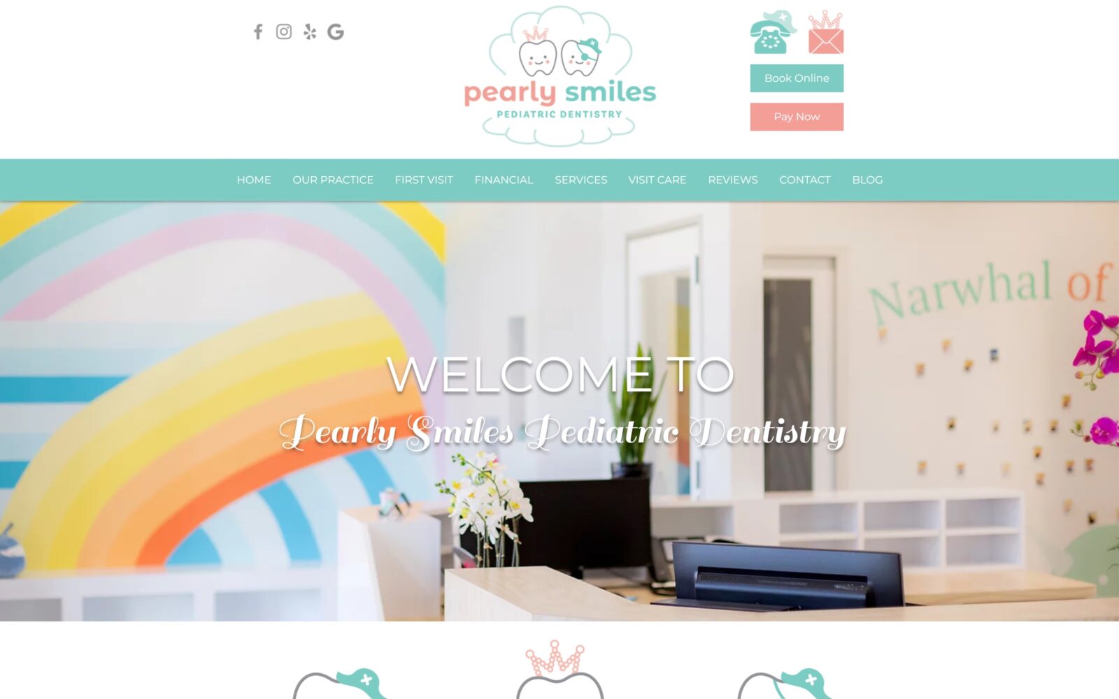 Pearly Smiles Pediatric Dentistry website homepage screenshot (hellopearlysmiles.com)