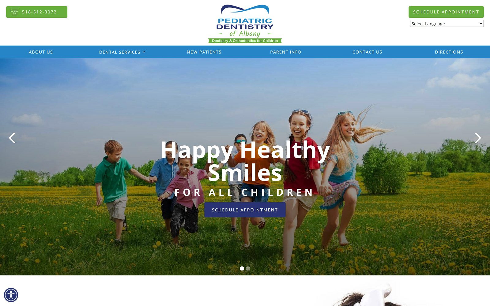 Pediatric Dentistry of Albany website homepage screenshot (hqrcms.com)