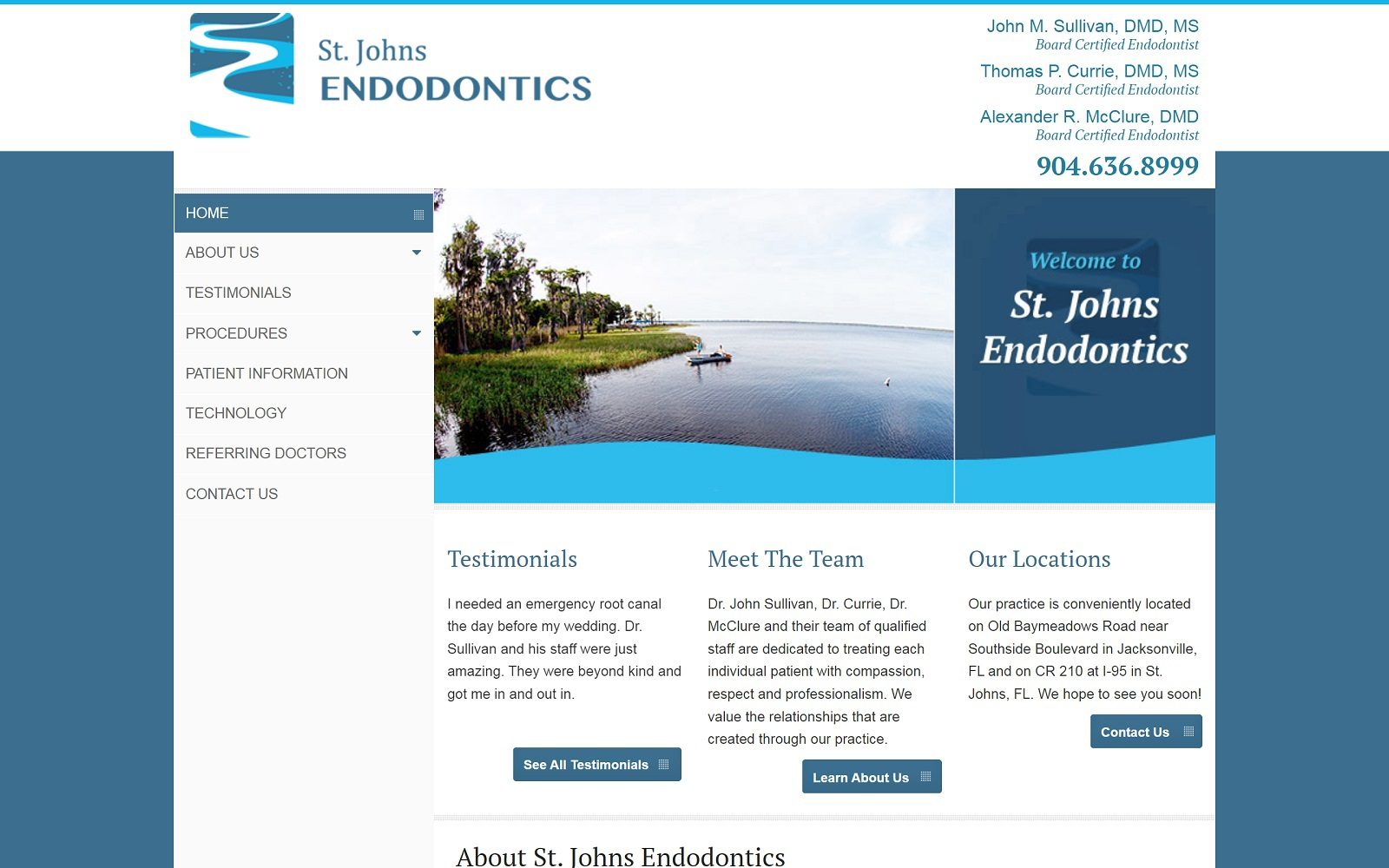 The Screenshot of St. Johns Endodontics, Dr. Sullivan, Dr. Currie and Dr. McClure Website