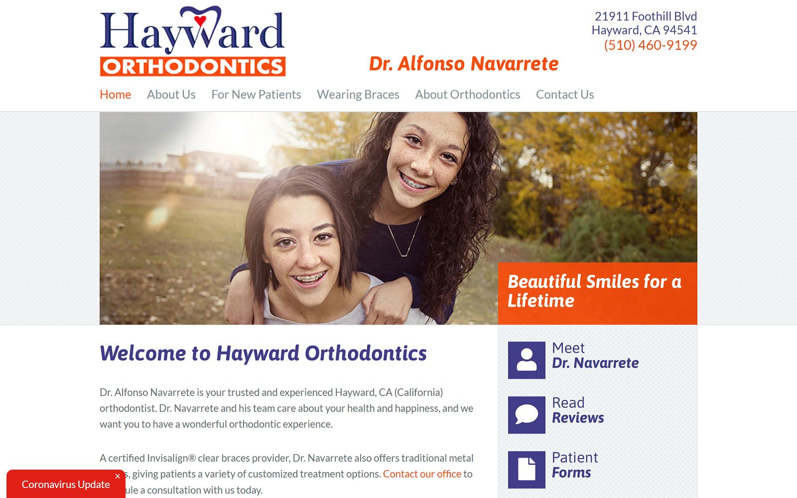 The Screenshot of Hayward Orthodontics braceshayward.com Dr. Alfonso Navarrete Website