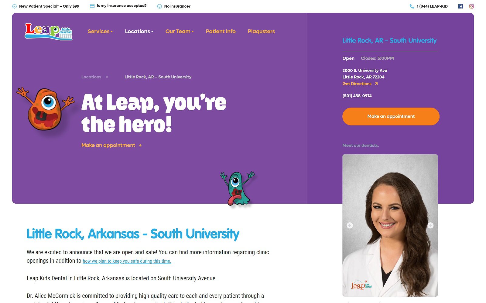 The Screenshot of Leap Kids Dental leapkidsdental.com/locations/little-rock-university Website