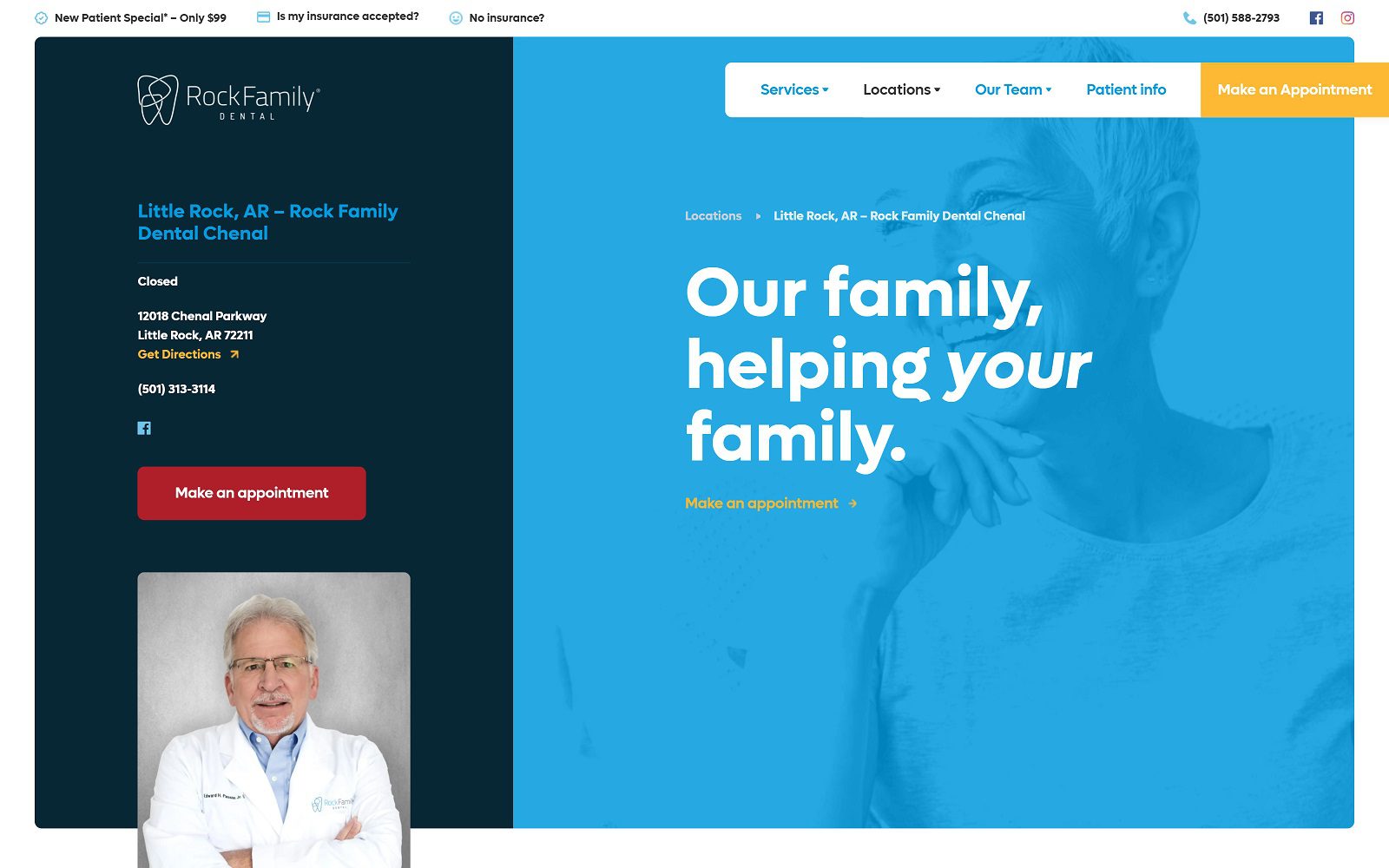 The Screenshot of Rock Family Dental rockfamilydental.com/location/little-rock-chenal-dentist Dr. Edward Passini Website
