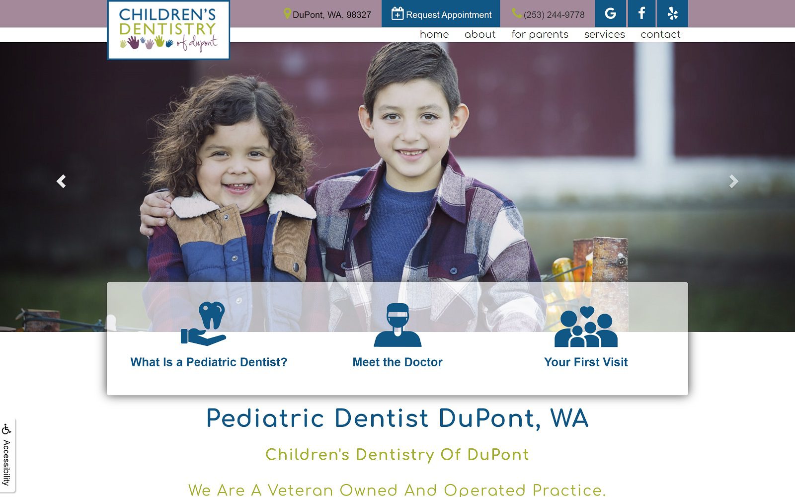 Website homepage screenshot of childrensdentistryofdupont.com