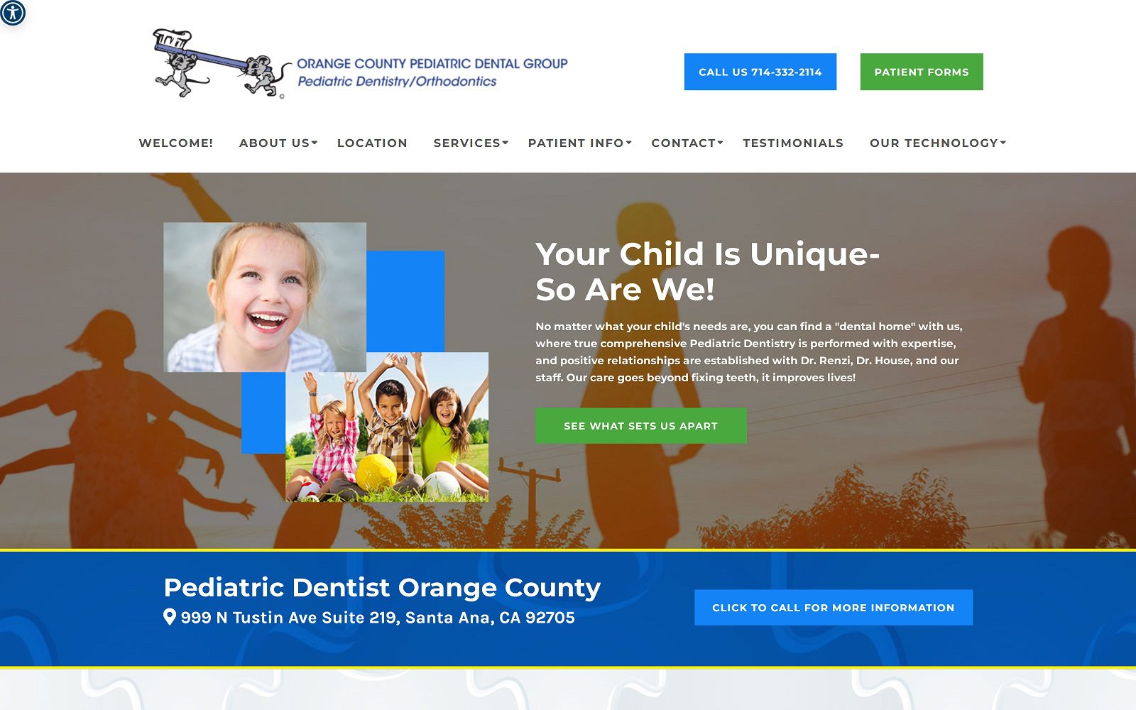 Website homepage screenshot of pedsdentistryofoc.com