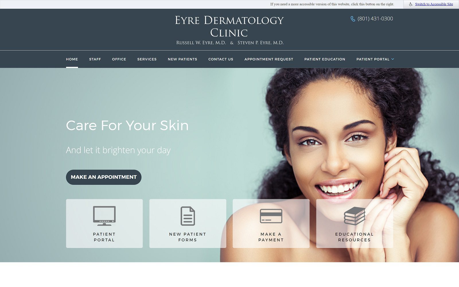 Website homepage screenshot of eyredermatology.com