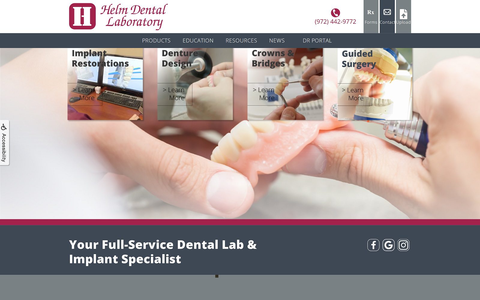 Website homepage screenshot of helmdentallaboratory.com