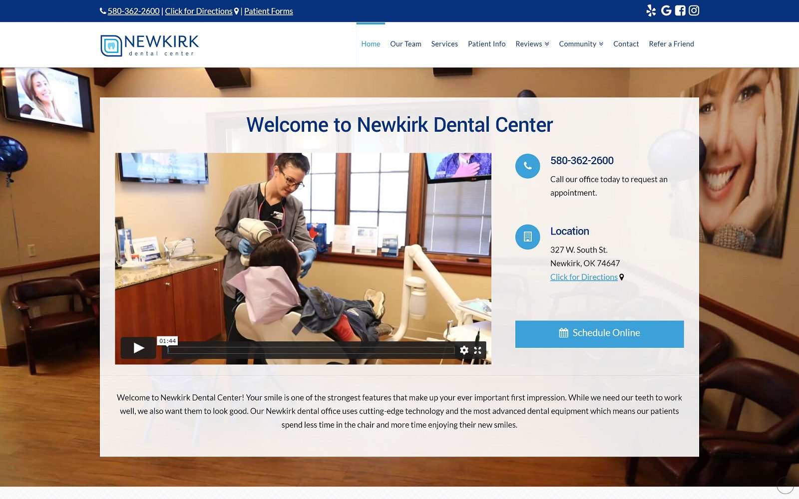 Website homepage screenshot of newkirkdentalcenter.com