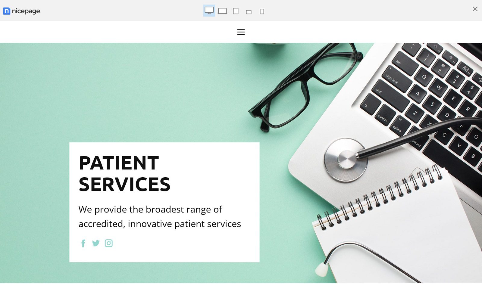 Website homepage screenshot of nicepage.com