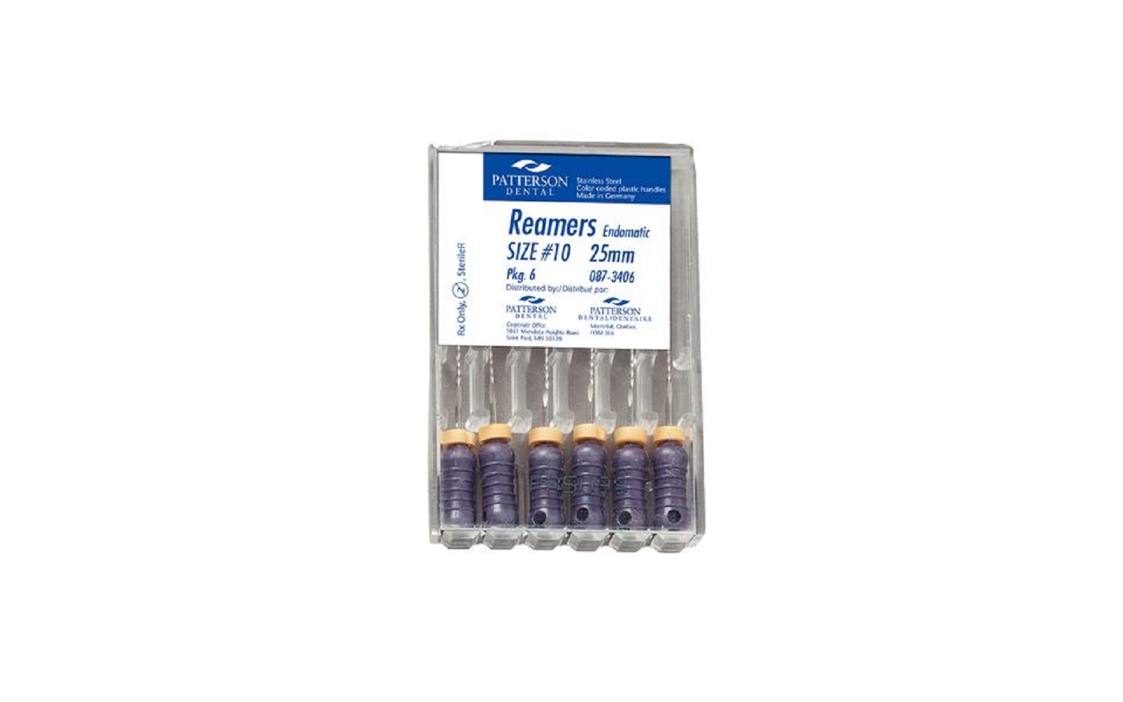 Patterson® Reamers – 25 mm Length, Stainless Steel, Color-Coded Plastic Handles, 0.02 Taper - Patterson Dental Supply