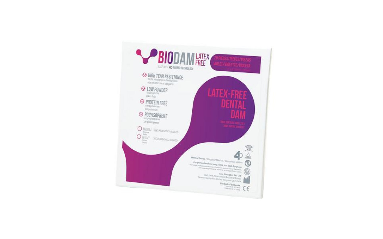 Biodam® Polyisoprene Dental Dam – 6" x 6", Latex Free, Violet, 20/Pkg - Four D Rubber Limited