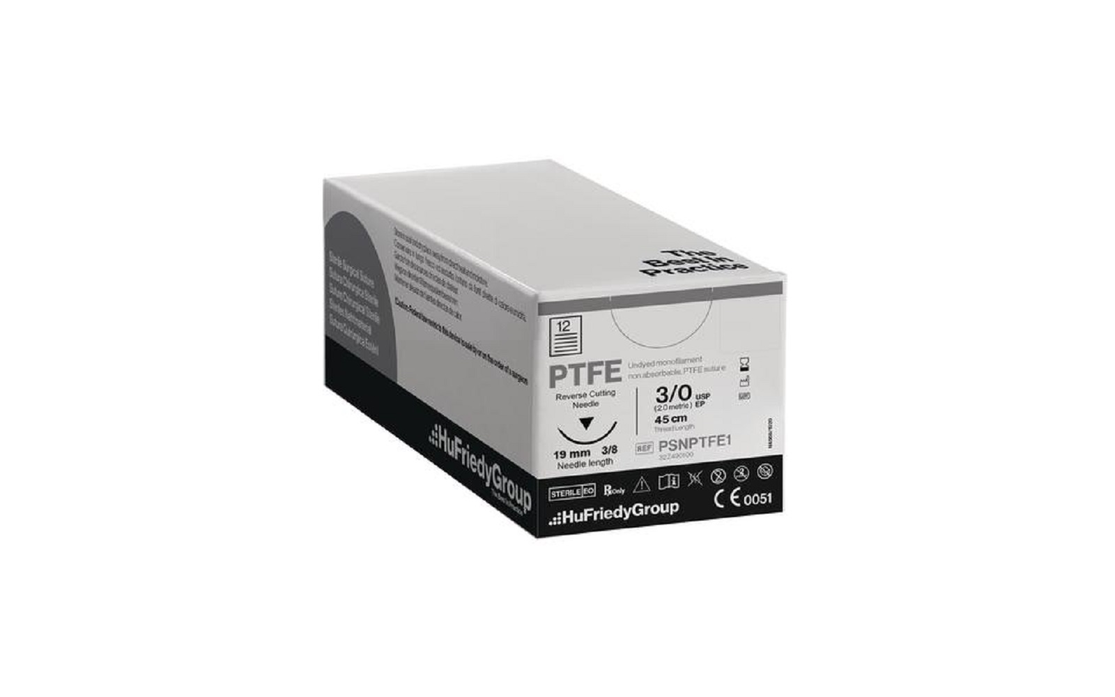 Perma Sharp® PTFE Monofilament Nonabsorbable Sterile Surgical Sutures – 3/8 Circle, Reverse Cutting, 18", White, 12/Pkg - Hu-Friedy Manufacturing Co Inc
