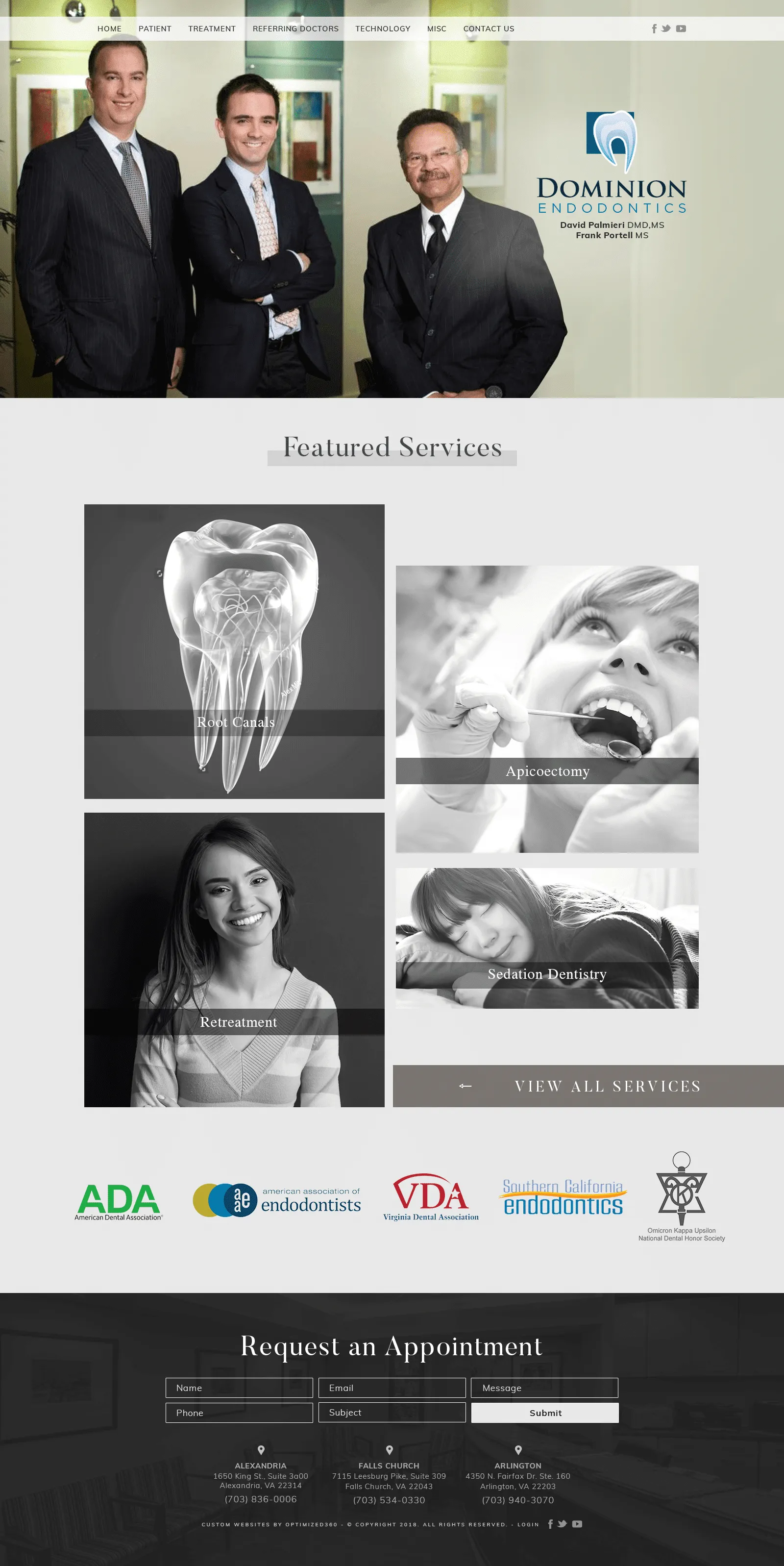 Screenshot of an Endodontic Specialty practice that focuses on professional layout and classy colors.