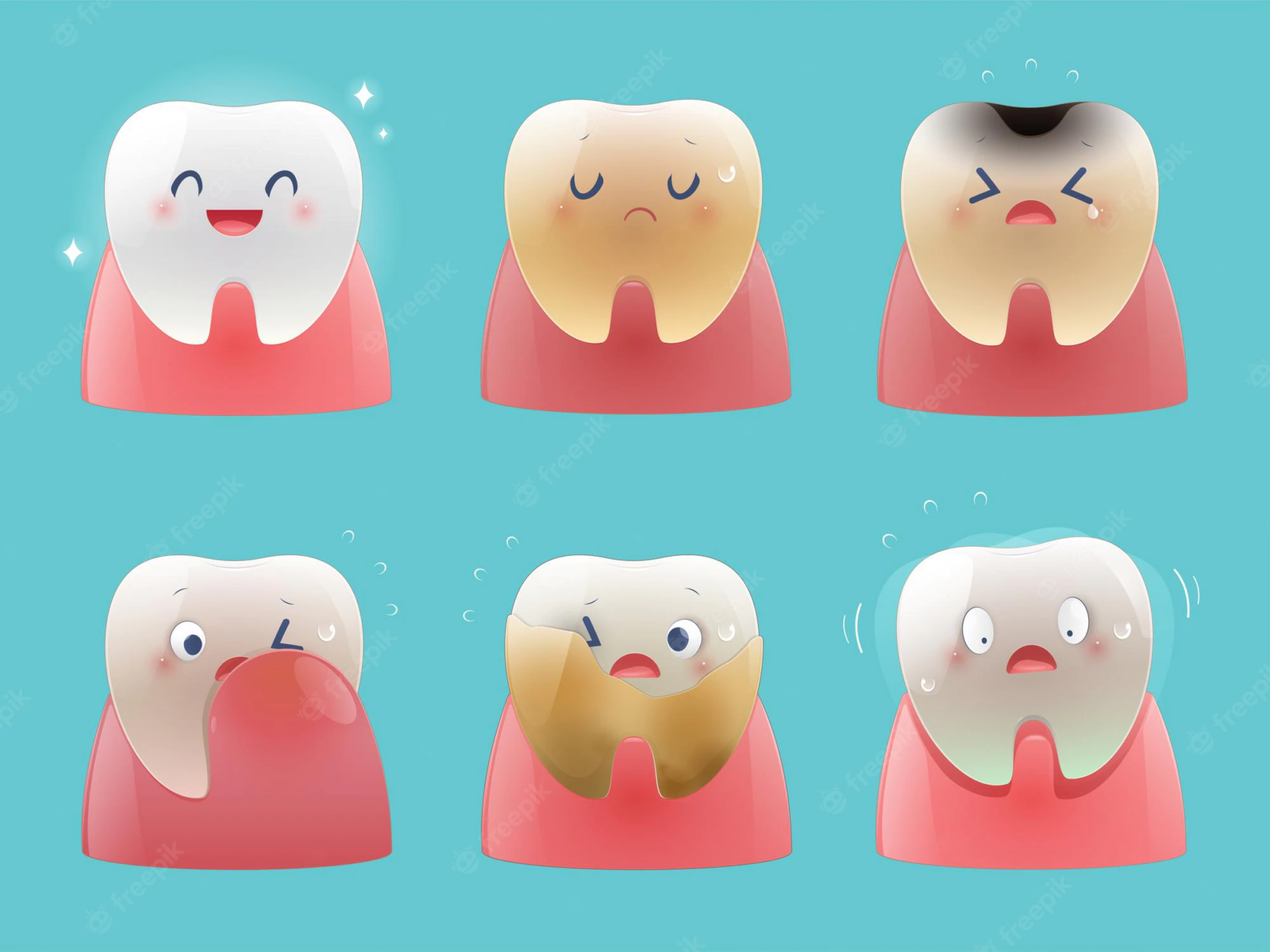 six cartoon teeth in various levels of infection