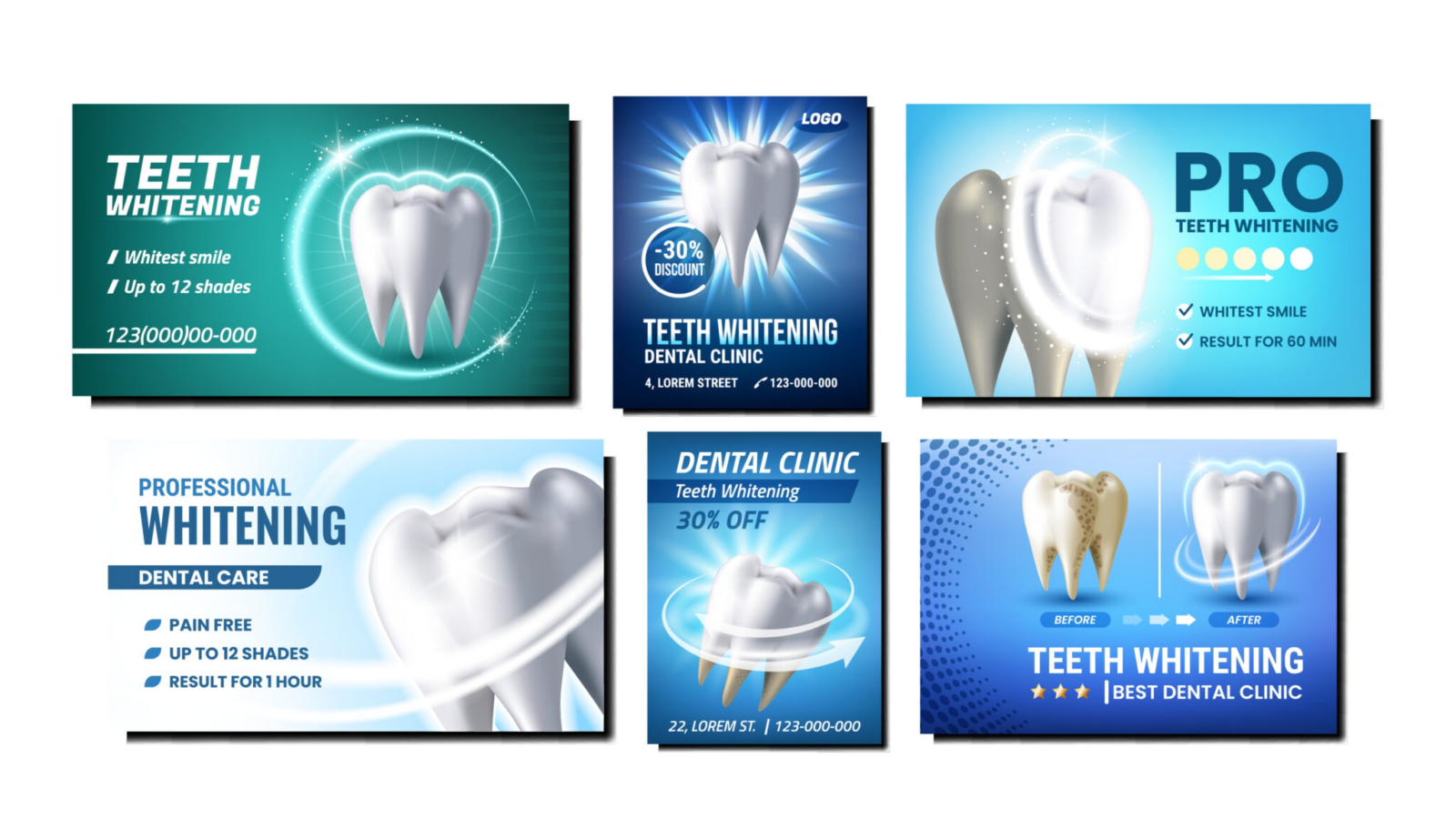 six examples of dental postcards and whitening special