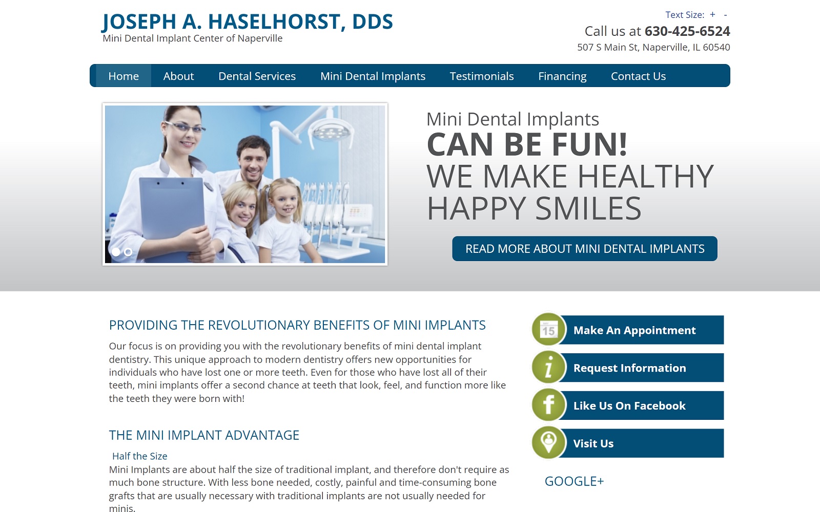 The Screenshot of Mini Dental Implant Center of Naperville napervilleminis.com Dr. Joseph Haselhorst Website