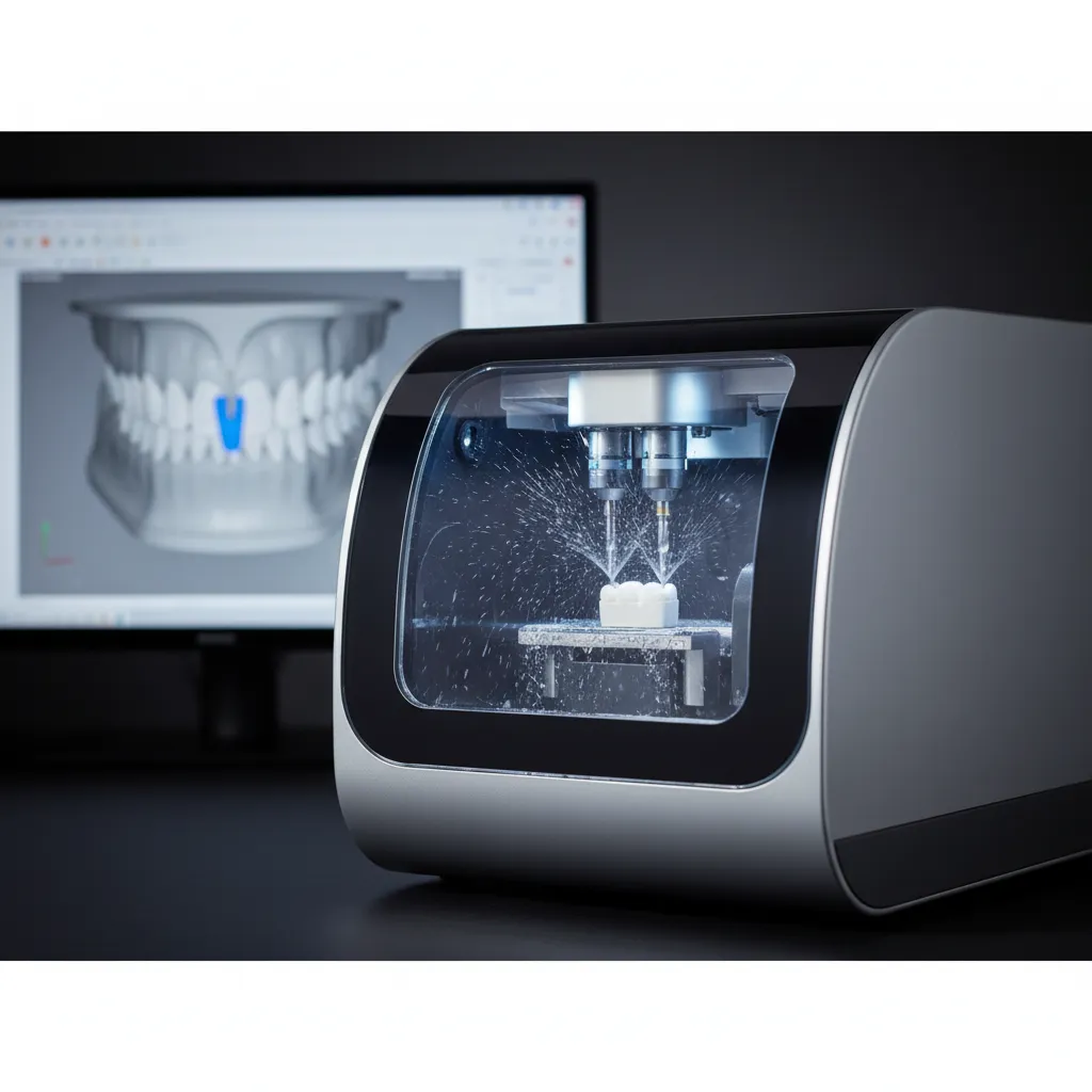 Modern CAD CAM dental milling machine precision-milling a ceramic crown with cooling water spray