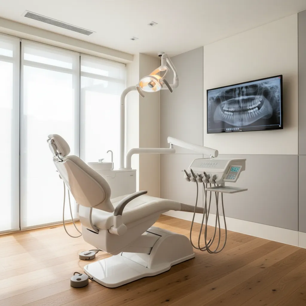 Clean modern dental operatory with premium chair, overhead light, and digital monitor