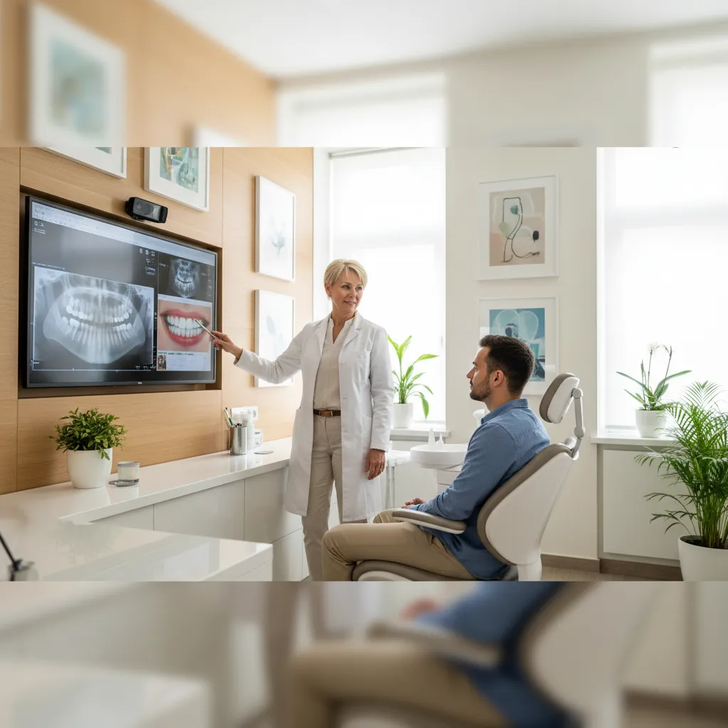 Cosmetic dentist explaining a treatment plan to a patient using a wall-mounted monitor with dental imaging