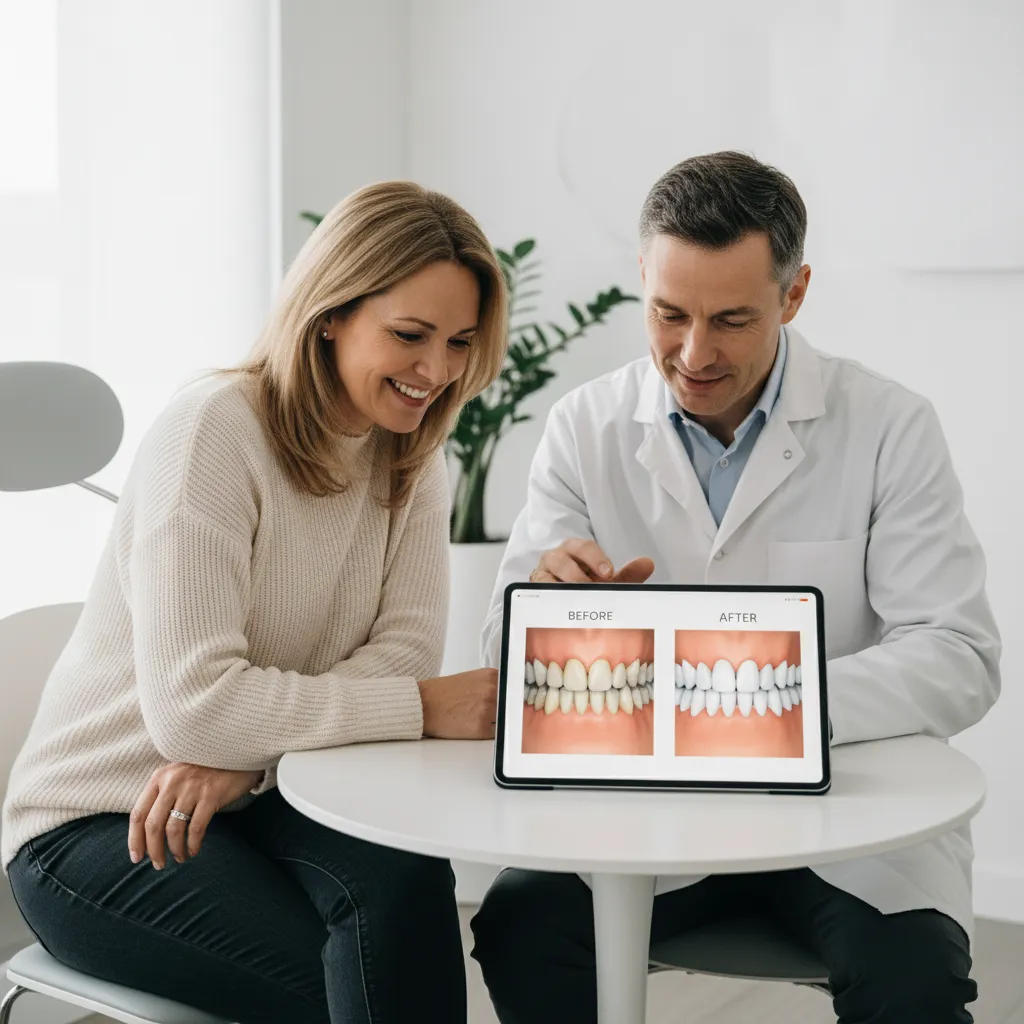 Cosmetic dentist and patient reviewing a 3D digital smile design on a tablet